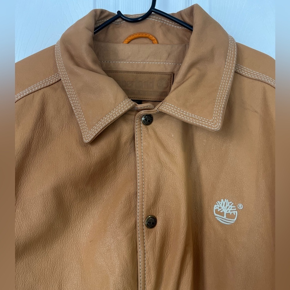 Timberland Tan Leather Vintage Logo Bomber Jacket XXL - Picture 4 of 11
